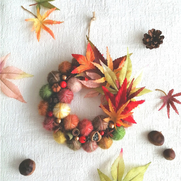 毛糸玉と紅葉のオータムリース（小）毛糸玉リース ニットリース