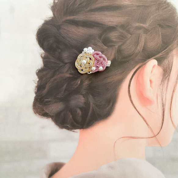 水引髪飾り　ヘアクリップ　和装髪飾り　パール　和風髪飾り　金ピンク　M159　和風ヘアアクセサリー 6枚目の画像