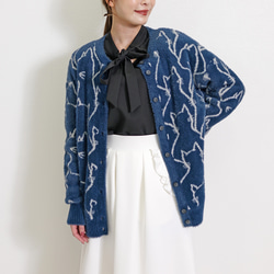 【新作】鬼可愛い フェザーヤーン 猫 総柄 クルーネックニットカーディガン 1枚目の画像