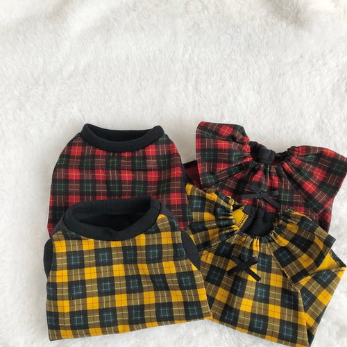 チェック柄服 レッドカラー ネックギャザーワンピース タンクトップ 犬