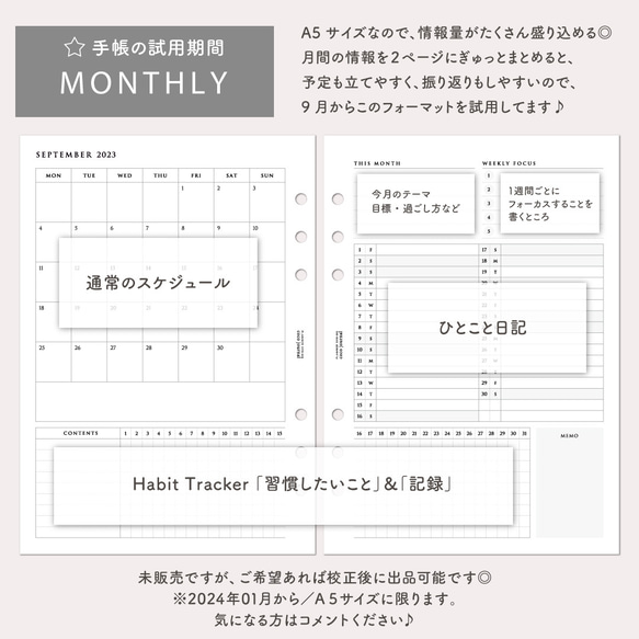 【2024年01月はじまり】《A5サイズ》システム手帳リフィル・万能マンスリー（月曜日）【CBA5_NS_2024】 2枚目の画像