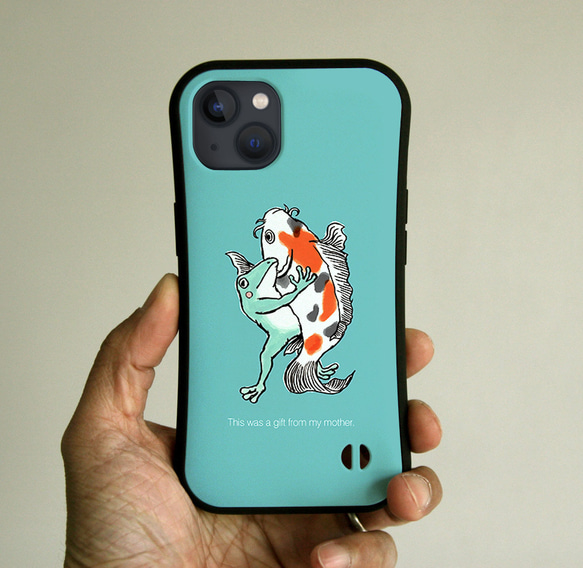 グリップiPhoneケース　カエルくんと鯉（ミント） 1枚目の画像