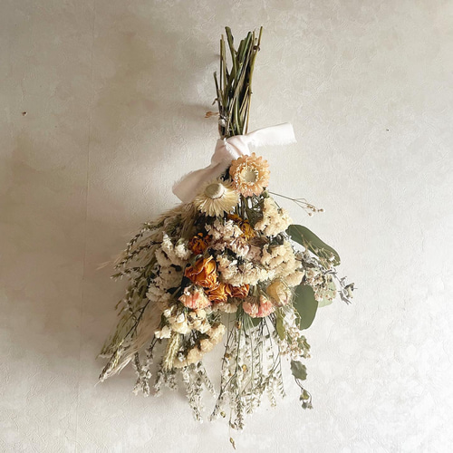 オレンジローズとニュアンスカラーのドライフラワースワッグ ドライ