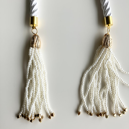 パール/ビーズタッセルの紐ベルト【ホワイト/パール×ゴールド(金