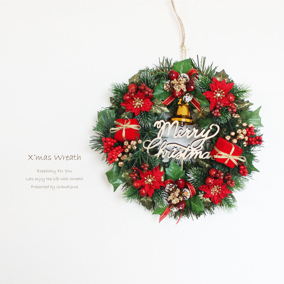 クリスマスリース（ポインセチア＆ベル）「送料無料」 直径約23cm 1枚目の画像