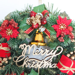 クリスマスリース（ポインセチア＆ベル）「送料無料」 直径約23cm 6枚目の画像