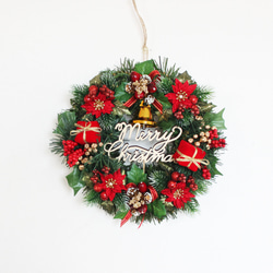 クリスマスリース（ポインセチア＆ベル）「送料無料」 直径約23cm 2枚目の画像