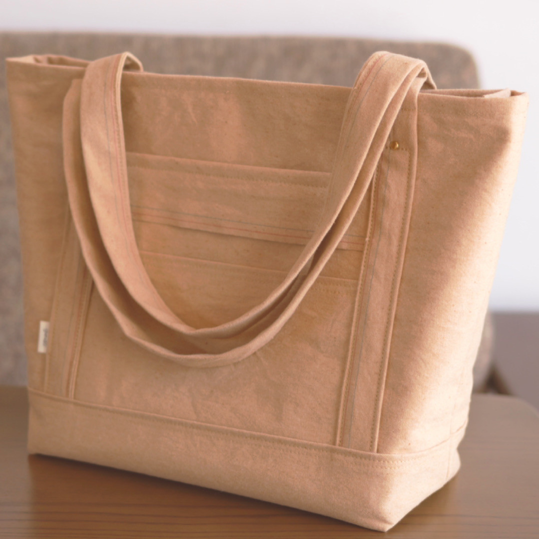 【ビスケットなトート】レンガもよう＊倉敷帆布＊ハンドブロックプリント＊キャメル＊A4収納可