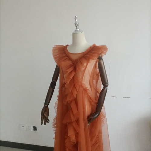 高品質！ 妊婦ドレス マタニティ 写真撮影 オレンジ シースルー  