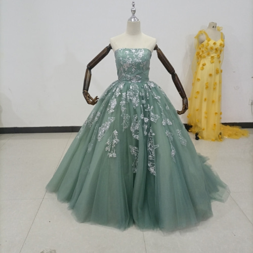 フランス風 憧れのドレス ブルーグリーン カラードレス ベアトップ  