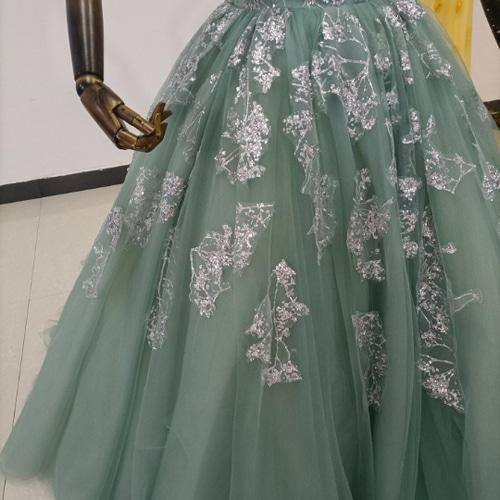 フランス風 憧れのドレス ブルーグリーン カラードレス ベアトップ  