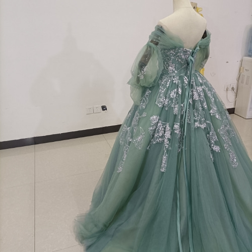 フランス風 憧れのドレス ブルーグリーン カラードレス ベアトップ  