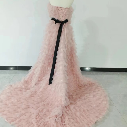 美品！ピンク カラードレス キラキラチュール ベアトップ サッシュ  
