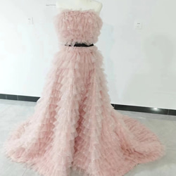 美品！ピンク カラードレス キラキラチュール ベアトップ サッシュ  