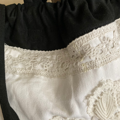 仏アンティークリネン&手刺繍モノグラム大のドローストリング