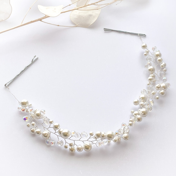 珍珠玻璃珠頭飾/純白 x 銀色 第3張的照片