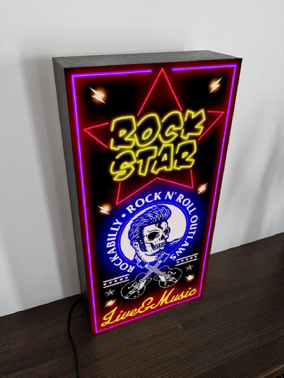 【Lサイズ】ロックスター ロッックギター ロカビリー スカル ライブハウス レコード 看板 置物 雑貨 ライトBOX 4枚目の画像