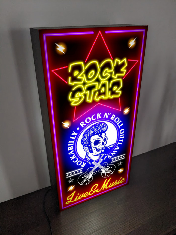 【Lサイズ】ロックスター ロッックギター ロカビリー スカル ライブハウス レコード 看板 置物 雑貨 ライトBOX 3枚目の画像