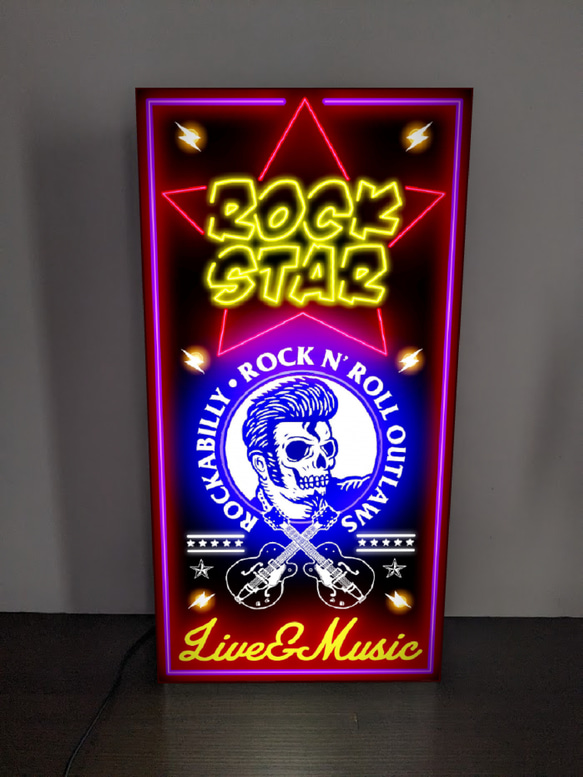 【Lサイズ】ロックスター ロッックギター ロカビリー スカル ライブハウス レコード 看板 置物 雑貨 ライトBOX 2枚目の画像