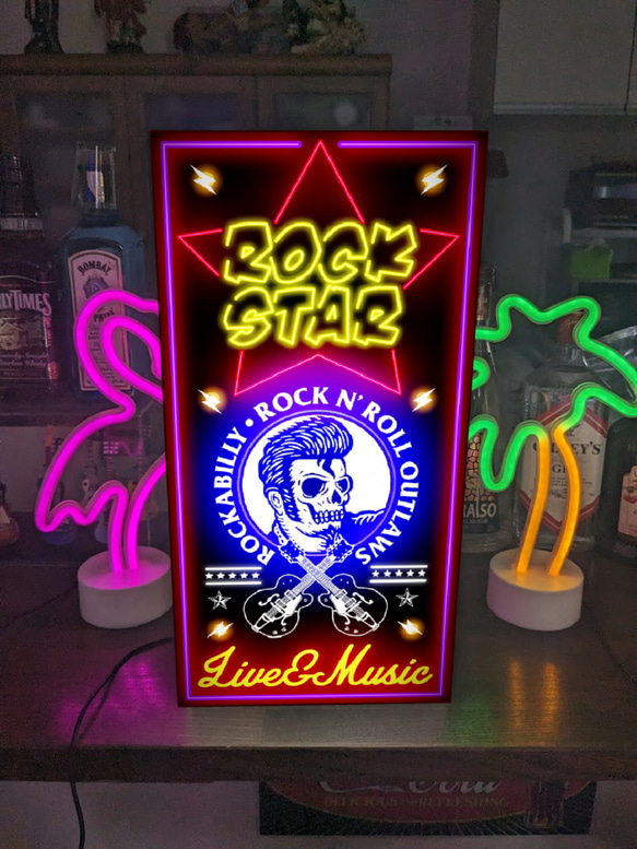 【Lサイズ】ロックスター ロッックギター ロカビリー スカル ライブハウス レコード 看板 置物 雑貨 ライトBOX 1枚目の画像