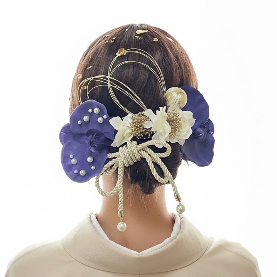 成人式　& 卒業式　& 結婚式　パール胡蝶蘭　パープル髪飾り　髪飾り　水引　アレンジ紐　成人式髪飾り　卒業式髪飾り