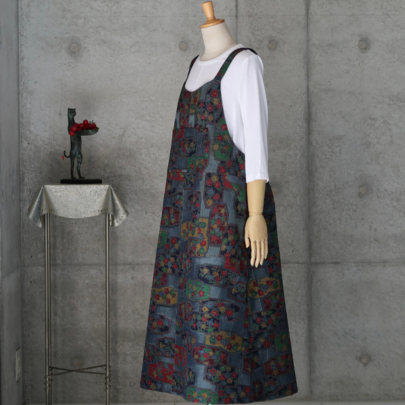 着物リメイク　紬のサロペットスカート　　L〜LL 4枚目の画像