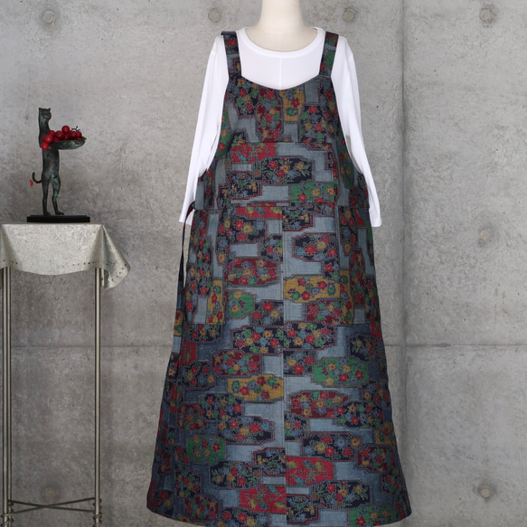 着物リメイク　紬のサロペットスカート　　L〜LL 6枚目の画像