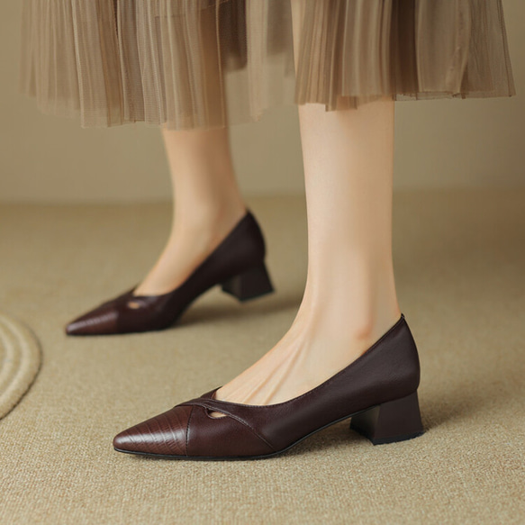 全新秋冬女式柔軟皮革鞋時尚簡約高跟鞋慢速跟 22 公分-24.5 公分 3 色 #851⭐免運費⭐ 第5張的照片