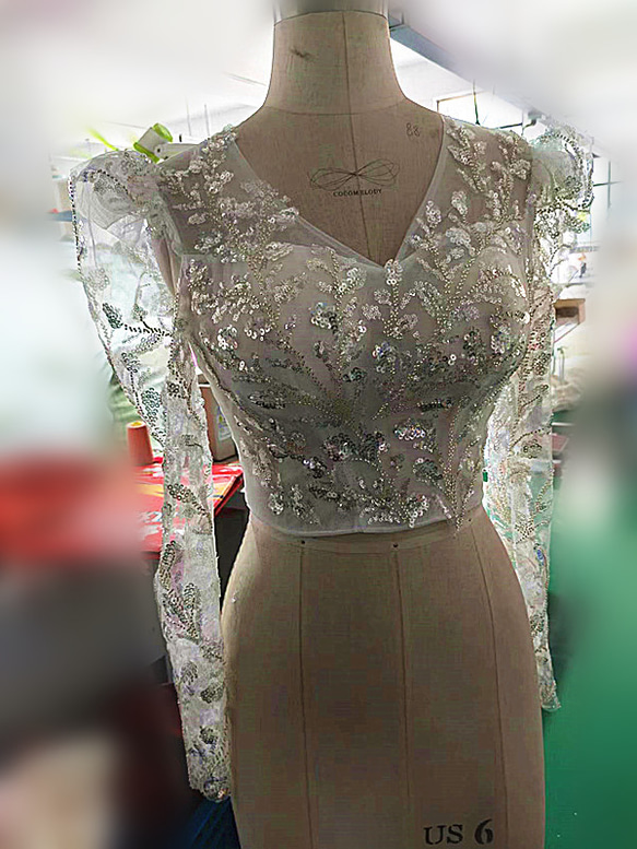 優雅波萊羅 3D 3D 蕾絲刺繡 V 領胸罩上衣 優雅透明長袖珍珠包扣新娘/婚禮 第4張的照片
