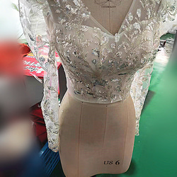 優雅波萊羅 3D 3D 蕾絲刺繡 V 領胸罩上衣 優雅透明長袖珍珠包扣新娘/婚禮 第1張的照片