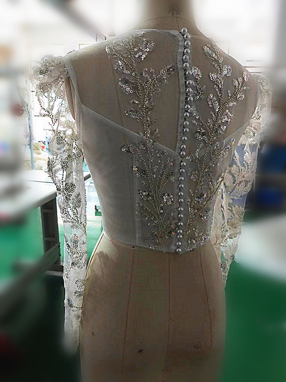 優雅波萊羅 3D 3D 蕾絲刺繡 V 領胸罩上衣 優雅透明長袖珍珠包扣新娘/婚禮 第3張的照片