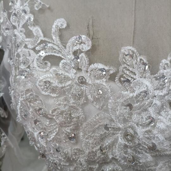 華やか オフホワイト ウエディングドレス ビジュー Vネック 3D立体レース刺繍 長袖 背中見せ リボントレーン 花嫁 6枚目の画像