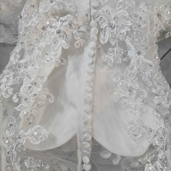 華やか オフホワイト ウエディングドレス ビジュー Vネック 3D立体レース刺繍 長袖 背中見せ リボントレーン 花嫁 20枚目の画像