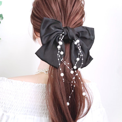 揺れる パール サテン リボン バレッタ 黒 ビックリボン ヘアリボン