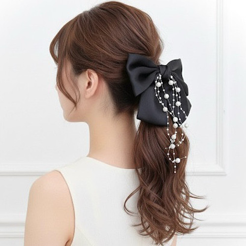 揺れる パール サテン リボン バレッタ 黒 ビックリボン ヘアリボン