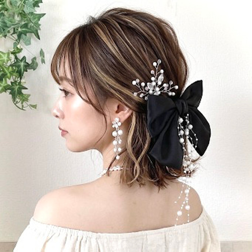揺れる パール サテン リボン バレッタ 黒 ビックリボン ヘアリボン