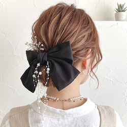 揺れる パール サテン リボン バレッタ 黒 ビックリボン ヘアリボン