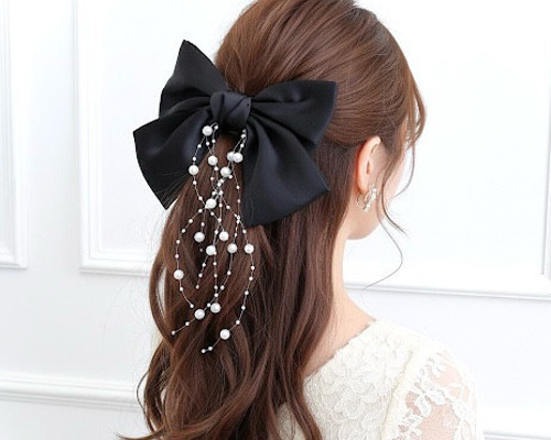揺れる パール サテン リボン バレッタ 黒 ビックリボン ヘアリボン