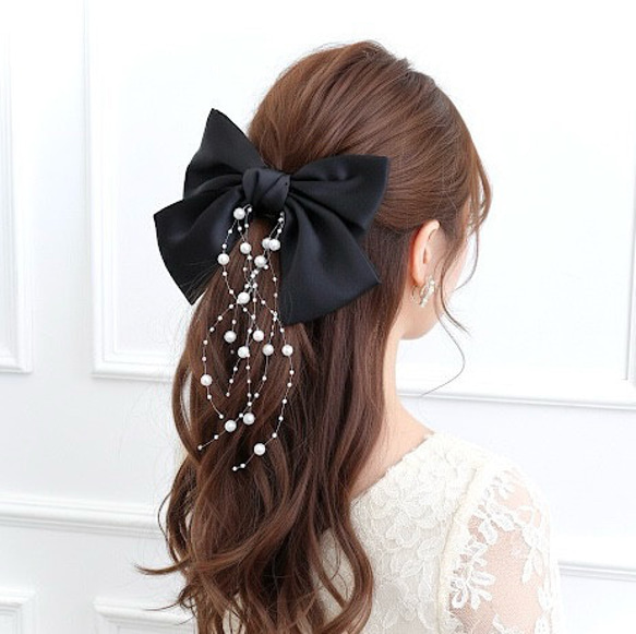 揺れる パール サテン リボン バレッタ 黒 ビックリボン ヘアリボン