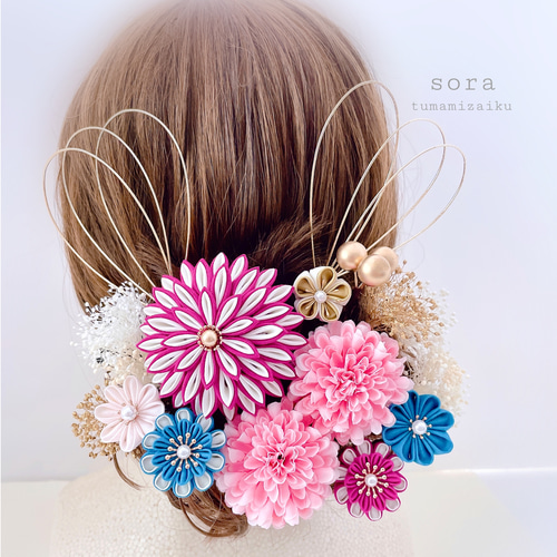 つまみ細工 髪飾り ＊ピンク×ターコイズ＊成人式 ウェディング 結婚式  