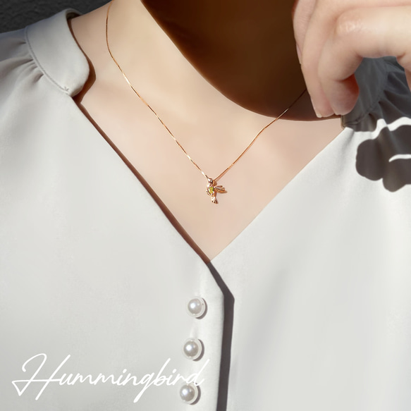 八月生日石橄欖石 K10 玫瑰金蜂鳥幸運圖案項鍊美麗珠寶 Miwahou Seki 第7張的照片