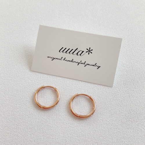 ピンクゴールドフープピアス13mm/つけっぱなしOK 小さめ 細い 金属