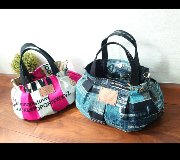 No.341【DENIM PRINT✖️Black撥水✨ころりんBAG❤️】大きめMsize✨バルーンバッグころりん 2枚目の画像