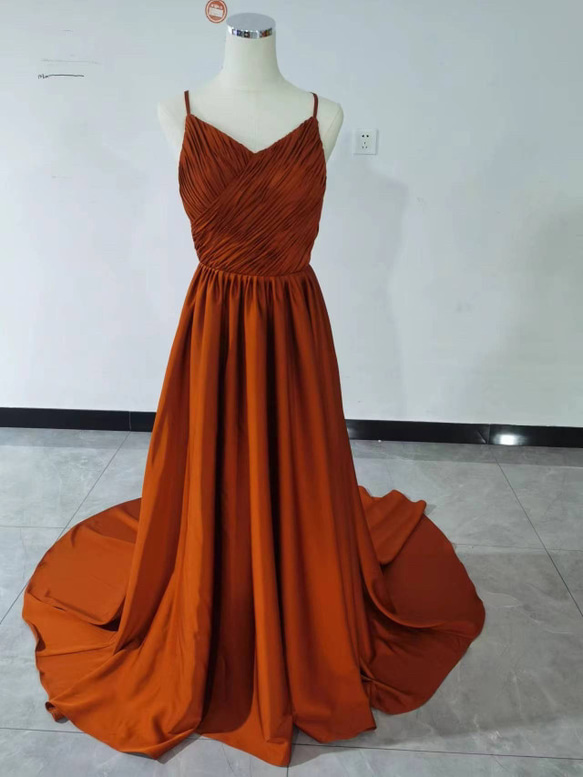 送料無料！高品質 パーティードレス テラコッタ色 トレーン  