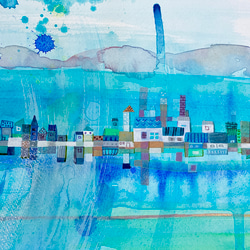 「青い虹の街」大きな水彩原画 8枚目の画像