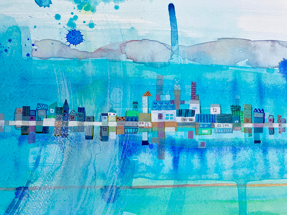「青い虹の街」大きな水彩原画 8枚目の画像