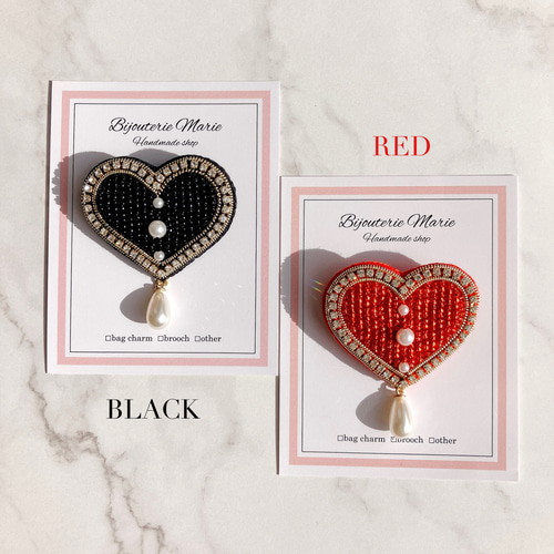ビーズ刺繍 ✳︎大人ハートx揺れる雫パールのブローチ(レッド