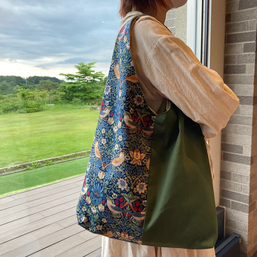 ウィリアムモリスのいちご泥棒×カーキー ワンショルダートートバッグ 