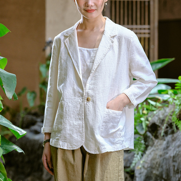 旧い砂洗い綿麻のジャケットを作る ブイネク女性スーツ #白です 6枚目の画像