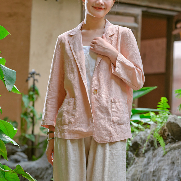 旧い砂洗い綿麻のジャケットを作る ブイネク女性スーツ #ピンクです 9枚目の画像